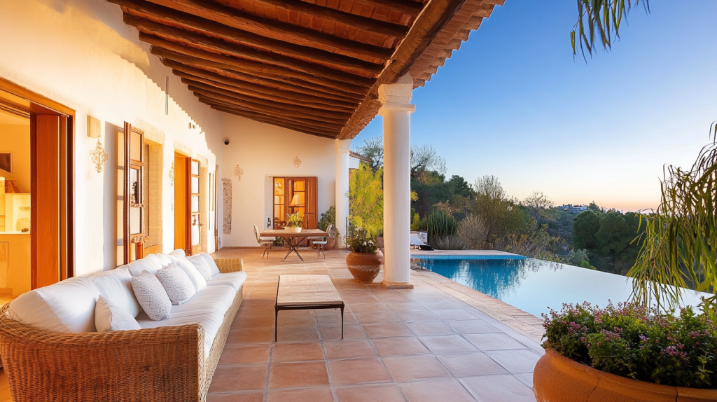 An Andalusian-style luxury villa in El Madroñal, surrounded by lush greenery and overlooking a stunning coastal view, with an infinity pool glistening under a clear blue sky.