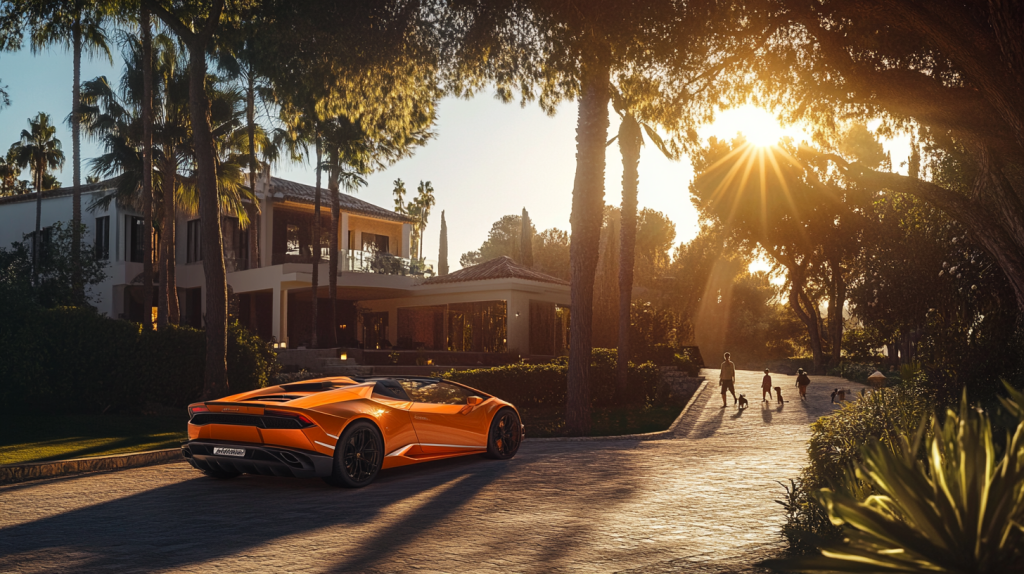 A vibrant orange Lamborghini parked in front of a modern villa in Marbella, showcasing everyday luxury living. Neighbors stroll by with their dogs as sunlight filters through the trees, creating a warm and inviting atmosphere that embodies the upscale coastal lifestyle.